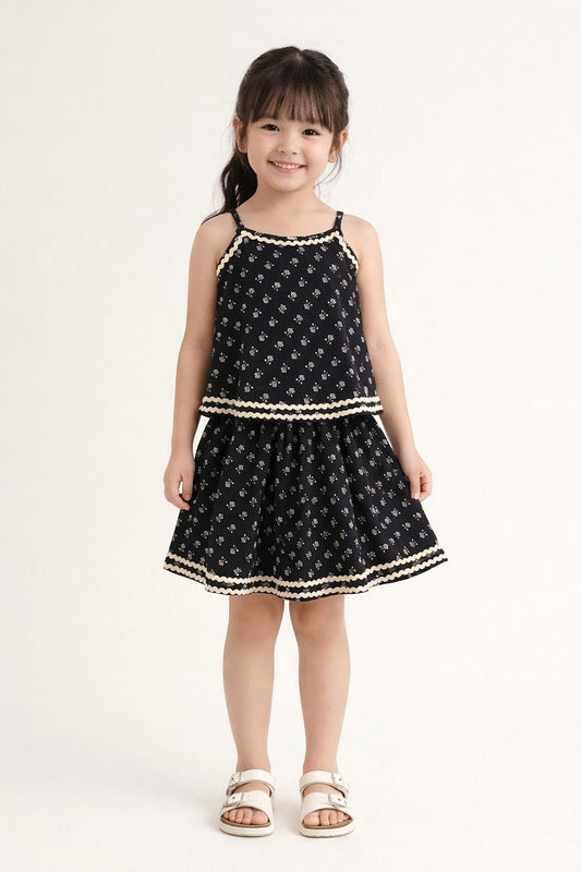 The Magic Wand Cotton Woven Strappy Butti Printed Ric Rac Flared Top And Skirt Set - Black