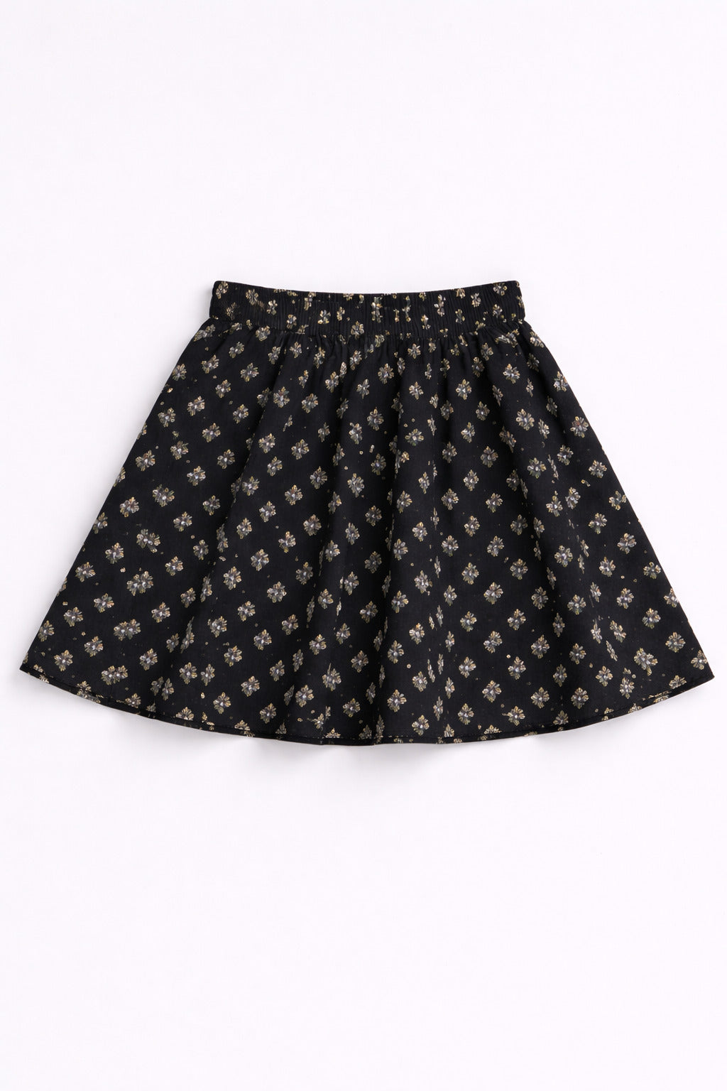 The Magic Wand Cotton Woven Strappy Butti Printed Ric Rac Flared Top And Skirt Set - Black
