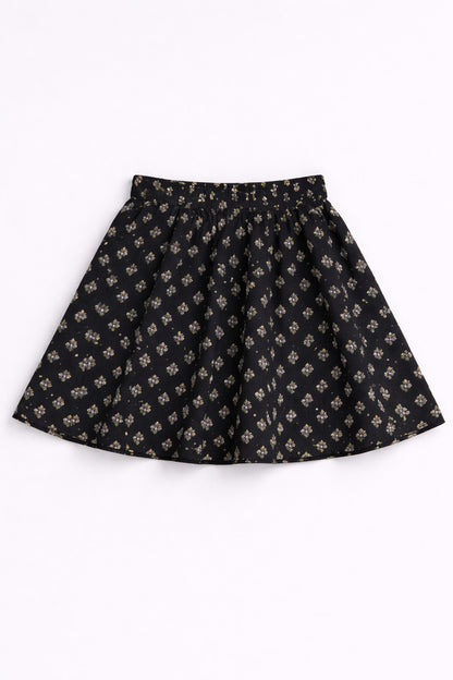The Magic Wand Cotton Woven Strappy Butti Printed Ric Rac Flared Top And Skirt Set - Black