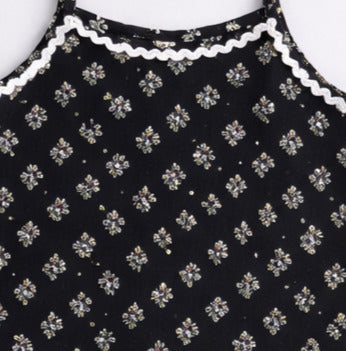 The Magic Wand Cotton Woven Strappy Butti Printed Ric Rac Flared Top And Skirt Set - Black