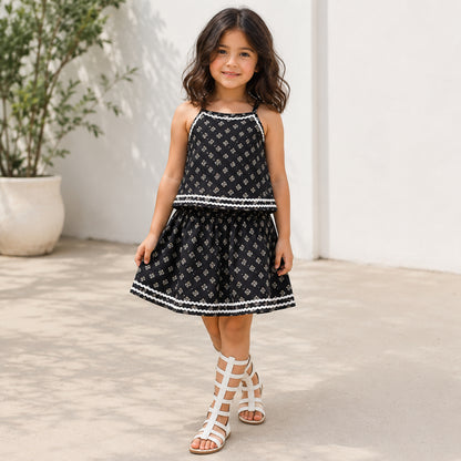 The Magic Wand Cotton Woven Strappy Butti Printed Ric Rac Flared Top And Skirt Set - Black