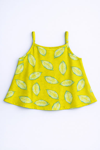 The Magic Wand Cotton Woven Strappy Leaf Printed Ric Rac Flared Top And Skirt Set - Green