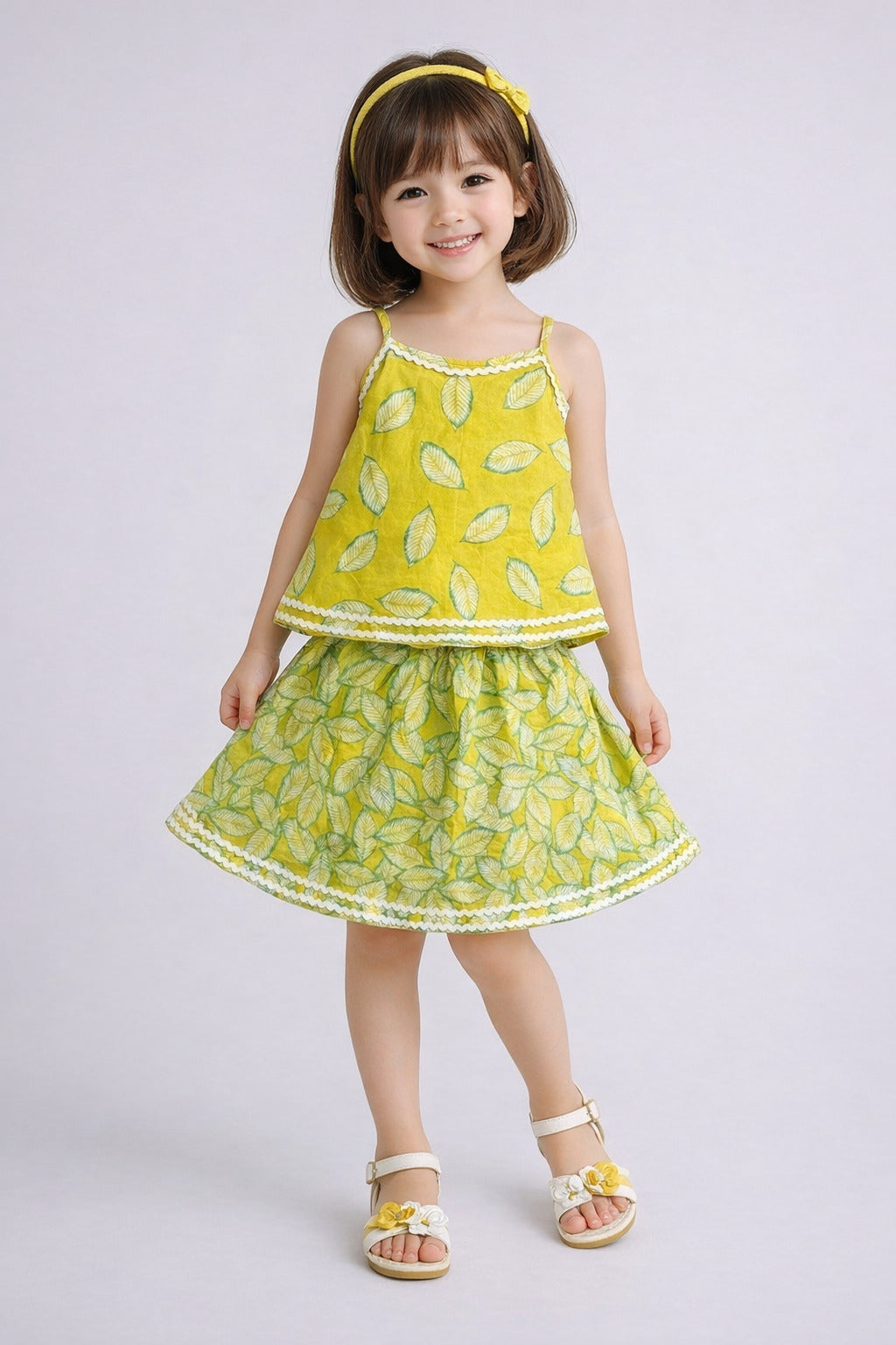 The Magic Wand Cotton Woven Strappy Leaf Printed Ric Rac Flared Top And Skirt Set - Green