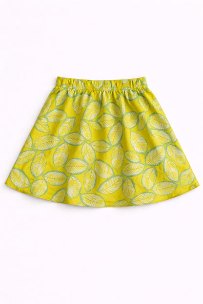 The Magic Wand Cotton Woven Strappy Leaf Printed Ric Rac Flared Top And Skirt Set - Green