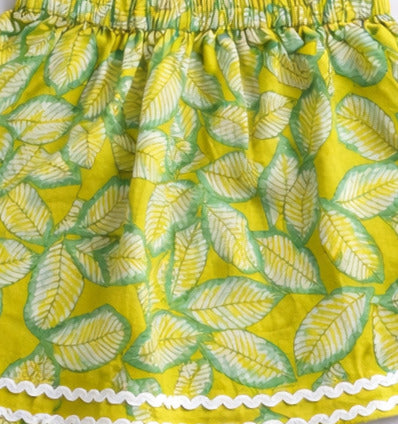 The Magic Wand Cotton Woven Strappy Leaf Printed Ric Rac Flared Top And Skirt Set - Green