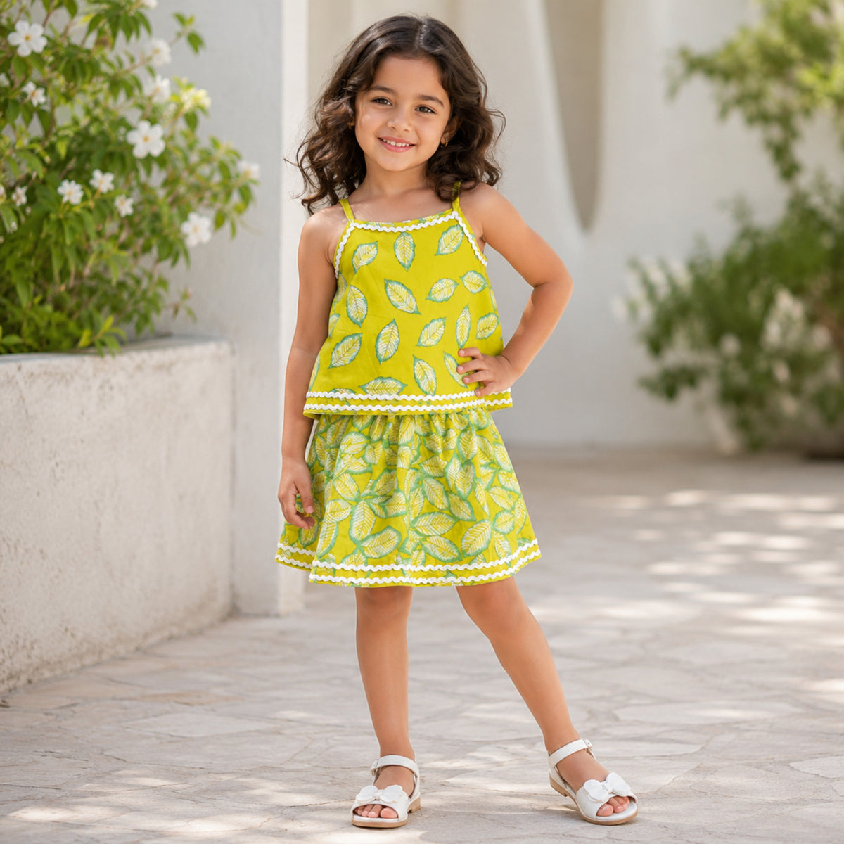 The Magic Wand Cotton Woven Strappy Leaf Printed Ric Rac Flared Top And Skirt Set - Green