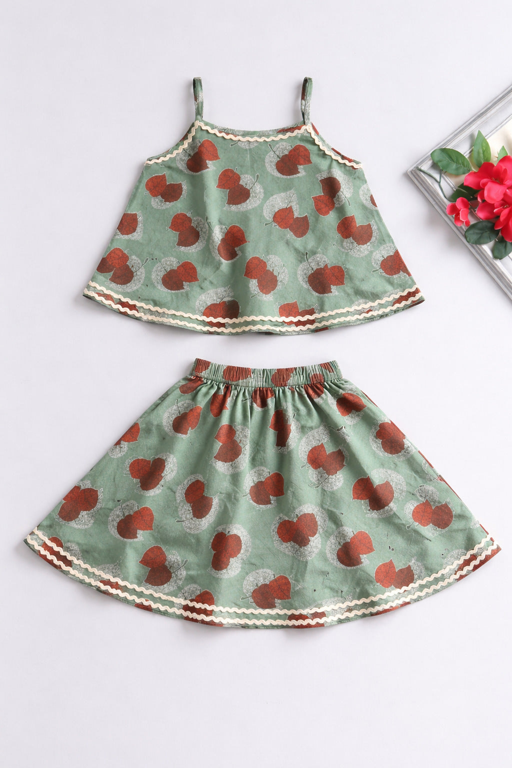 The Magic Wand Cotton Woven Strappy Leaf Printed Ric Rac Flared Top And Skirt Set - Olive Green