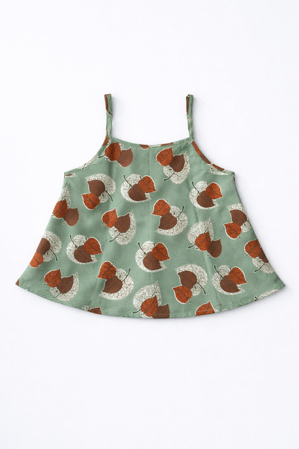 The Magic Wand Cotton Woven Strappy Leaf Printed Ric Rac Flared Top And Skirt Set - Olive Green