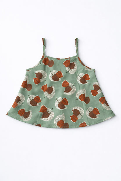 The Magic Wand Cotton Woven Strappy Leaf Printed Ric Rac Flared Top And Skirt Set - Olive Green