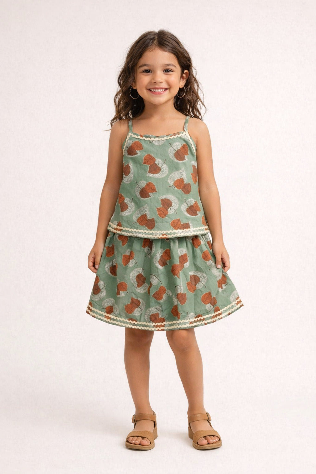 The Magic Wand Cotton Woven Strappy Leaf Printed Ric Rac Flared Top And Skirt Set - Olive Green