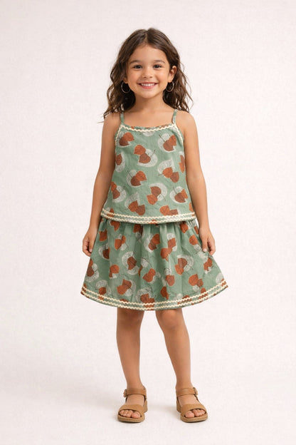 The Magic Wand Cotton Woven Strappy Leaf Printed Ric Rac Flared Top And Skirt Set - Olive Green