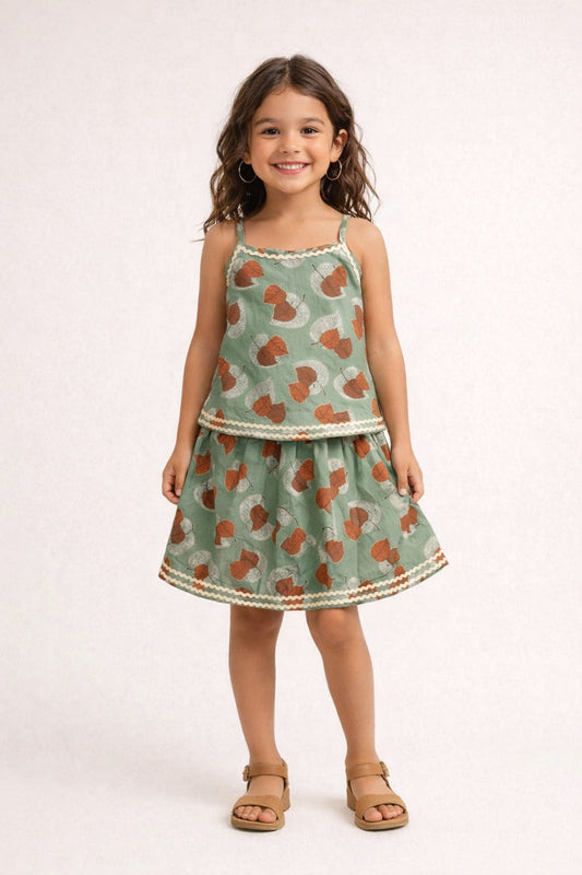The Magic Wand Cotton Woven Strappy Leaf Printed Ric Rac Flared Top And Skirt Set - Olive Green
