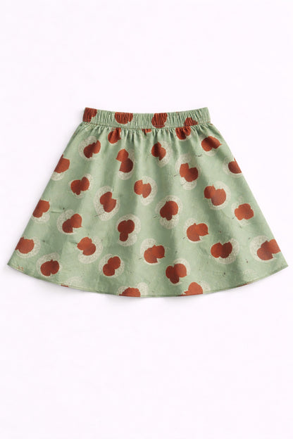 The Magic Wand Cotton Woven Strappy Leaf Printed Ric Rac Flared Top And Skirt Set - Olive Green