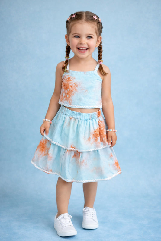 The Magic Wand Woven Tie & Dye Strappy Top And Ric Rac Double Layer Skirt - Blue