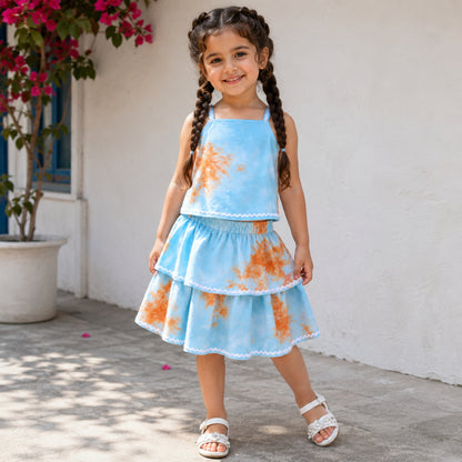 The Magic Wand Woven Tie & Dye Strappy Top And Ric Rac Double Layer Skirt - Blue