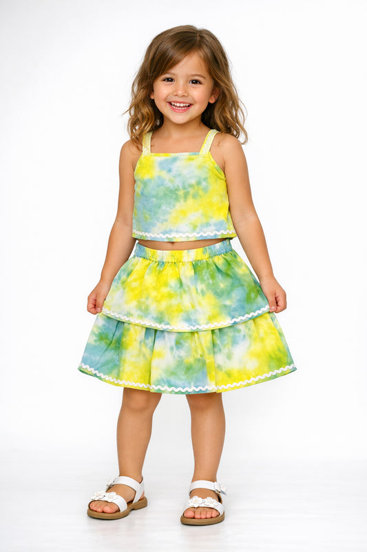 The Magic Wand Woven Tie & Dye Strappy Top And Ric Rac Double Layer Skirt -  Yellow