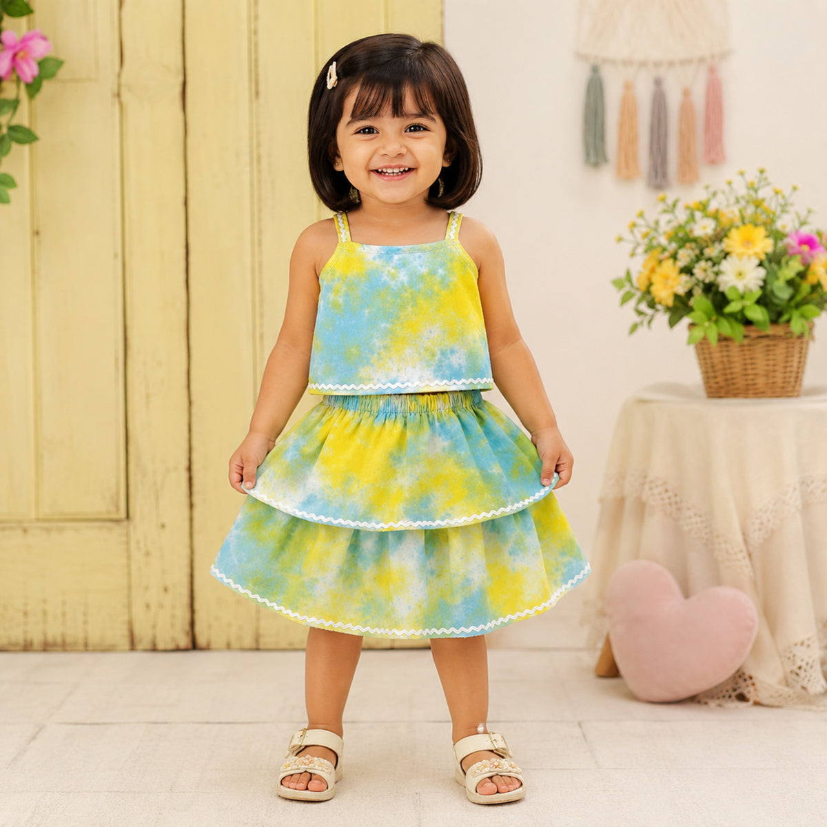 The Magic Wand Woven Tie & Dye Strappy Top And Ric Rac Double Layer Skirt -  Yellow