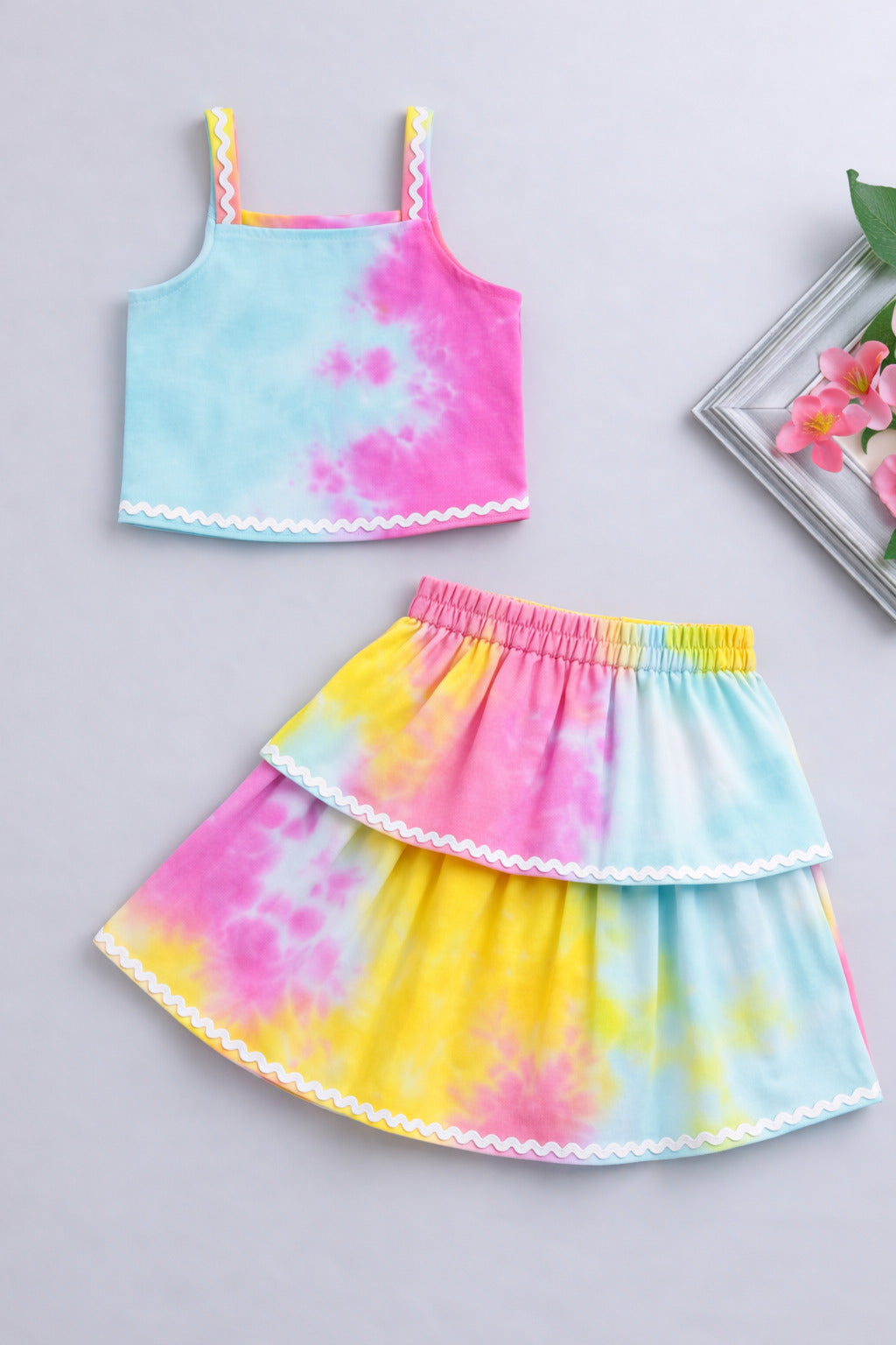 The Magic Wand Woven Tie & Dye Strappy Top And Ric Rac Double Layer Skirt - Multi Color