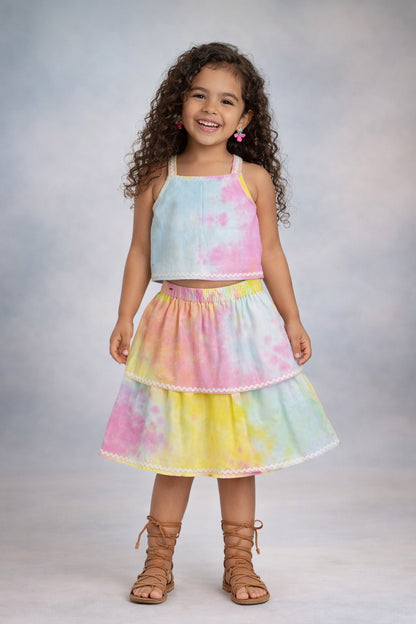 The Magic Wand Woven Tie & Dye Strappy Top And Ric Rac Double Layer Skirt - Multi Color