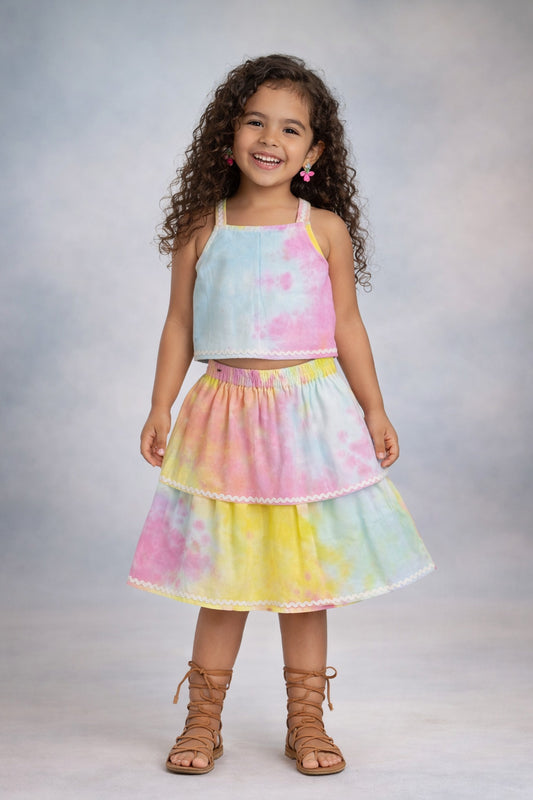 The Magic Wand Woven Tie & Dye Strappy Top And Ric Rac Double Layer Skirt - Multi Color