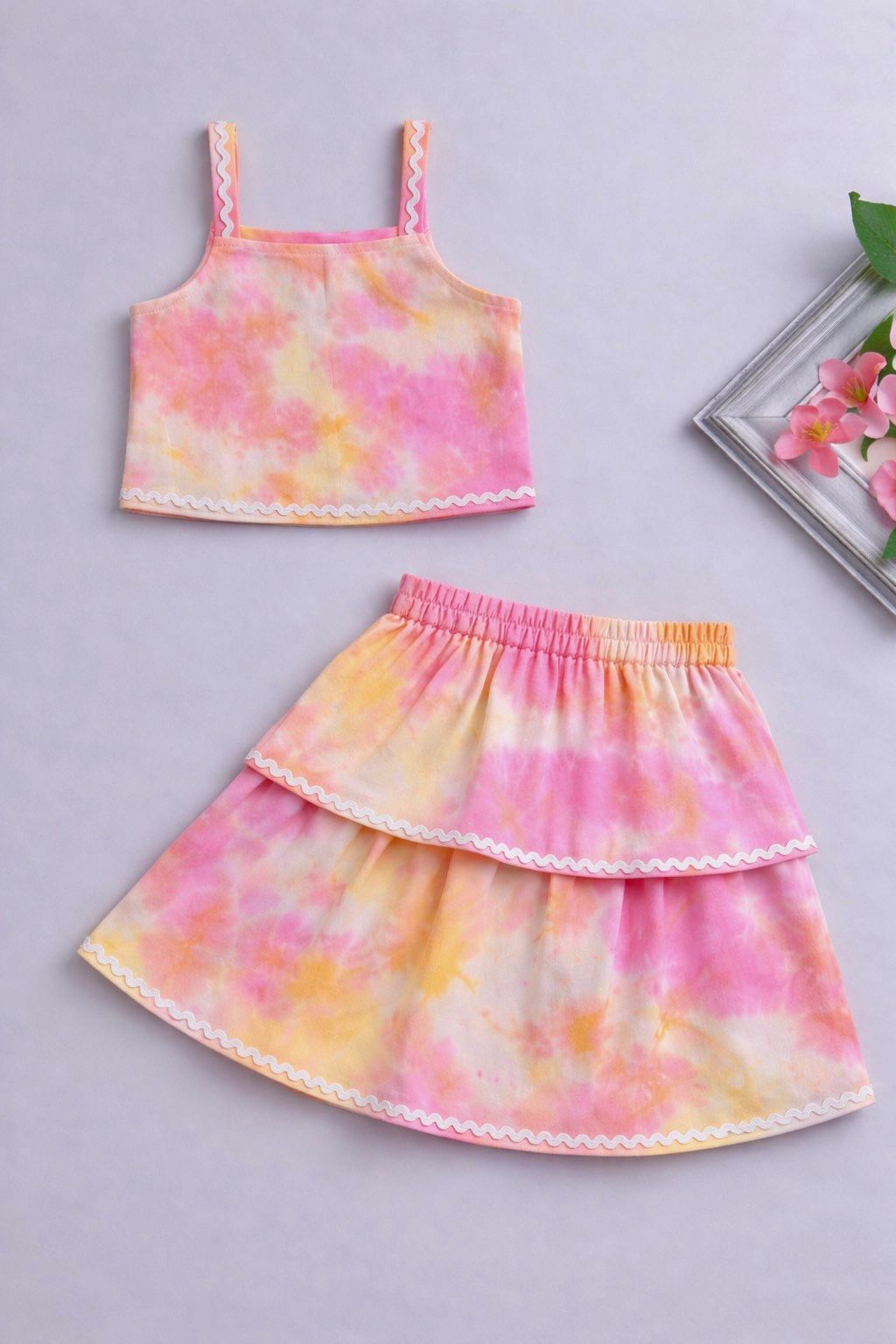 The Magic Wand Woven Tie & Dye Strappy Top And Ric Rac Double Layer Skirt - Pink