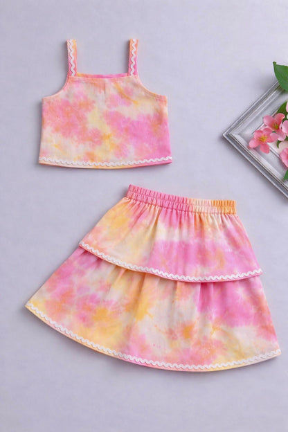 The Magic Wand Woven Tie & Dye Strappy Top And Ric Rac Double Layer Skirt - Pink
