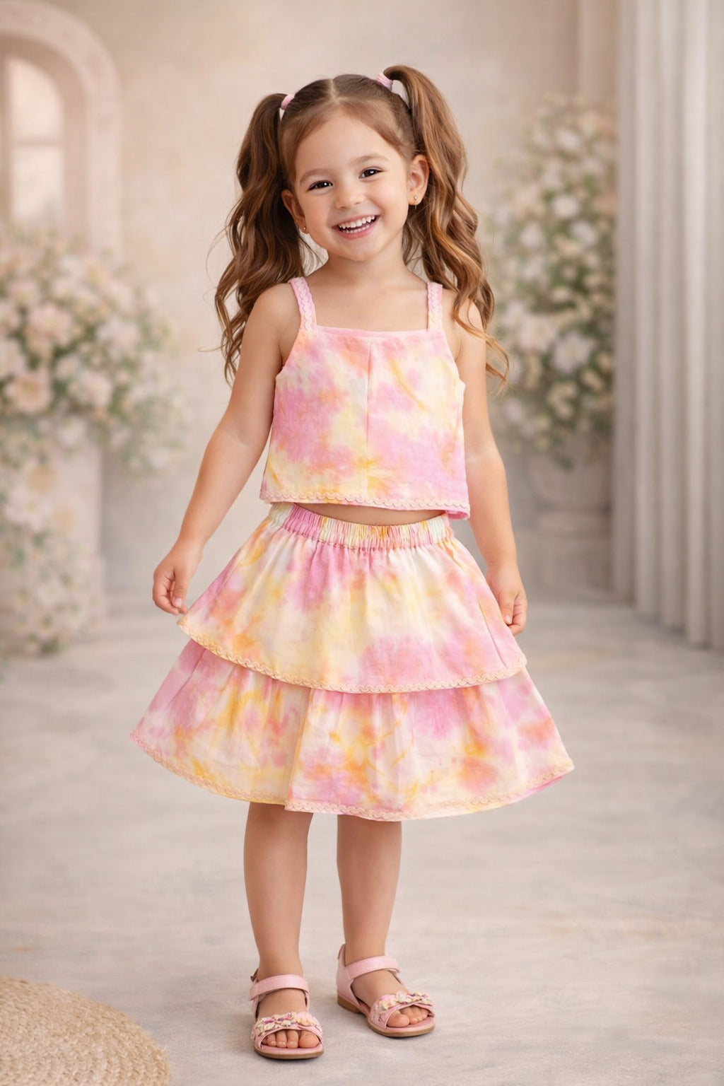 The Magic Wand Woven Tie & Dye Strappy Top And Ric Rac Double Layer Skirt - Pink