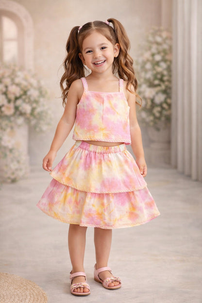 The Magic Wand Woven Tie & Dye Strappy Top And Ric Rac Double Layer Skirt - Pink