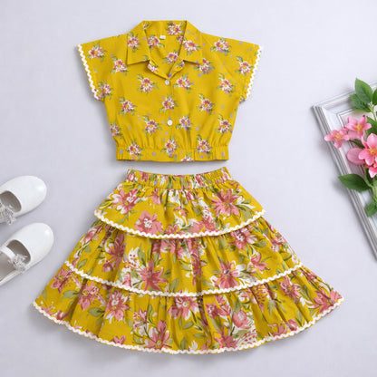 The Magic Wand Cotton Woven Half Sleeves Floral Boxy Cropped Shirt And Tiered Skirt Set- Mustard