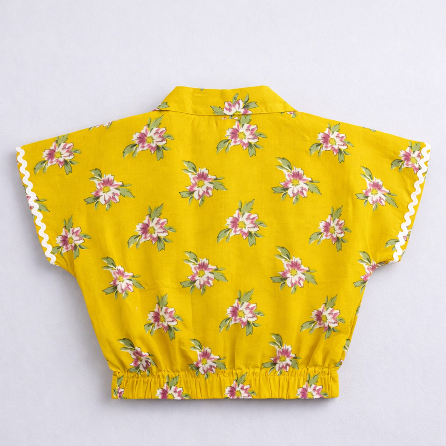 The Magic Wand Cotton Woven Half Sleeves Floral Boxy Cropped Shirt And Tiered Skirt Set- Mustard