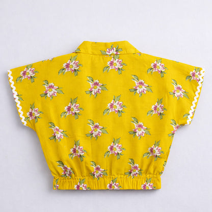 The Magic Wand Cotton Woven Half Sleeves Floral Boxy Cropped Shirt And Tiered Skirt Set- Mustard