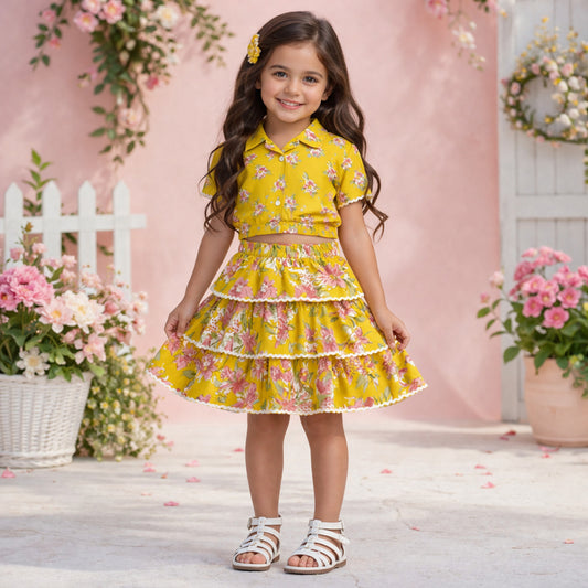 The Magic Wand Cotton Woven Half Sleeves Floral Boxy Cropped Shirt And Tiered Skirt Set- Mustard