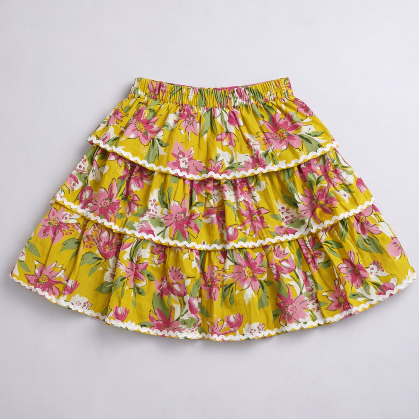 The Magic Wand Cotton Woven Half Sleeves Floral Boxy Cropped Shirt And Tiered Skirt Set- Mustard