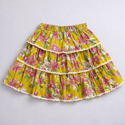 The Magic Wand Cotton Woven Half Sleeves Floral Boxy Cropped Shirt And Tiered Skirt Set- Mustard