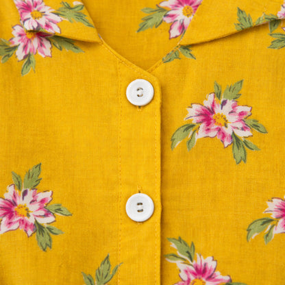 The Magic Wand Cotton Woven Half Sleeves Floral Boxy Cropped Shirt And Tiered Skirt Set- Mustard