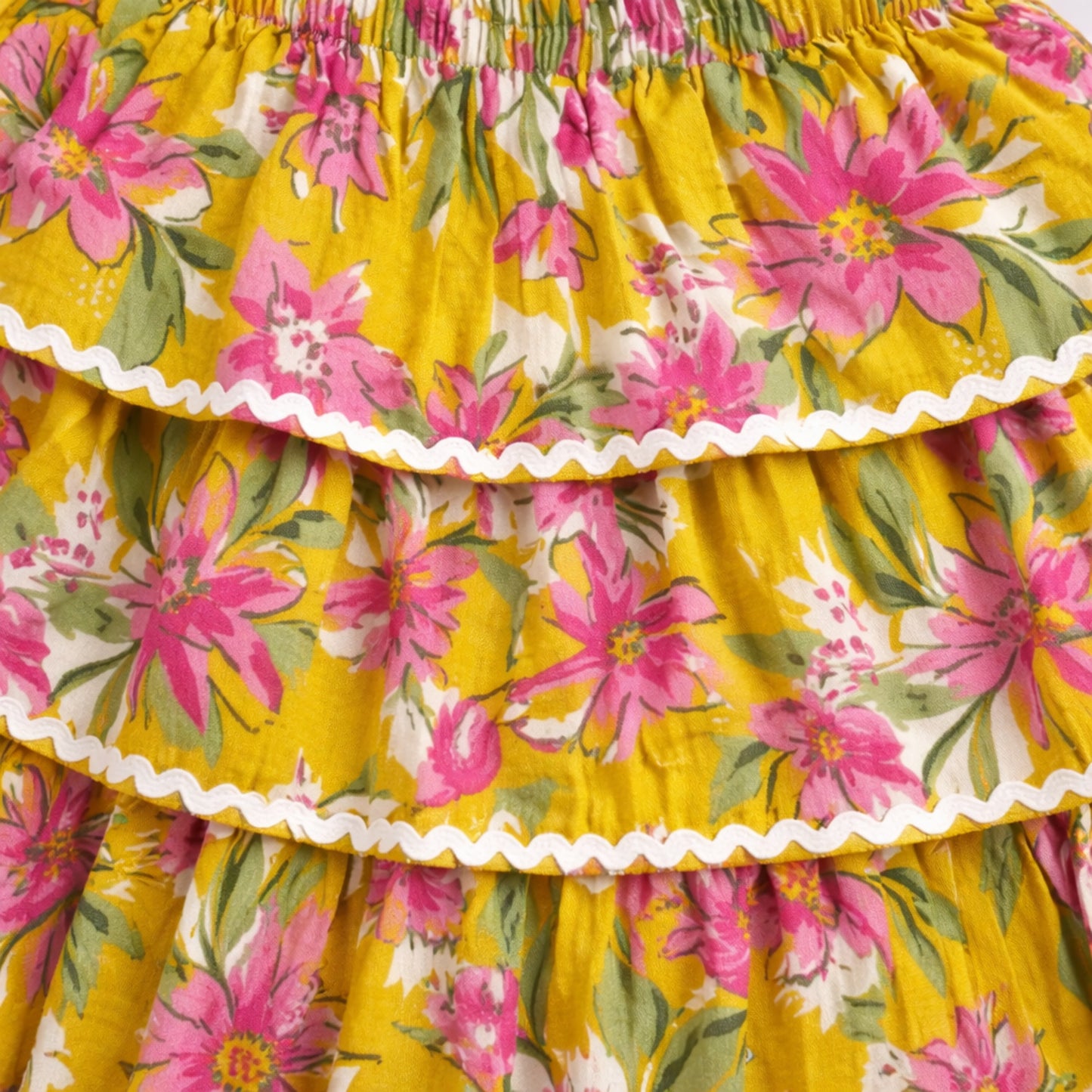 The Magic Wand Cotton Woven Half Sleeves Floral Boxy Cropped Shirt And Tiered Skirt Set- Mustard