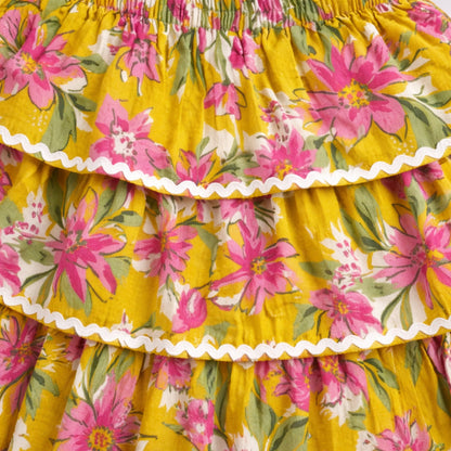 The Magic Wand Cotton Woven Half Sleeves Floral Boxy Cropped Shirt And Tiered Skirt Set- Mustard