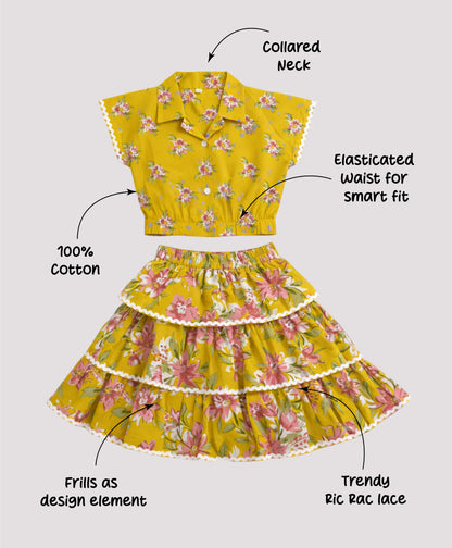 The Magic Wand Cotton Woven Half Sleeves Floral Boxy Cropped Shirt And Tiered Skirt Set- Mustard