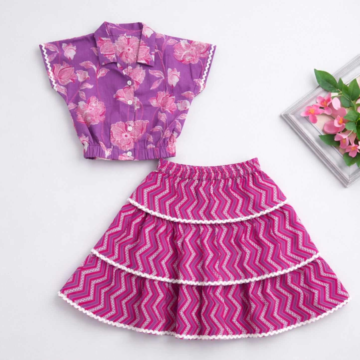 The Magic Wand Cotton Woven Half Sleeves Floral Boxy Cropped Shirt And Tiered Skirt Set- Purple