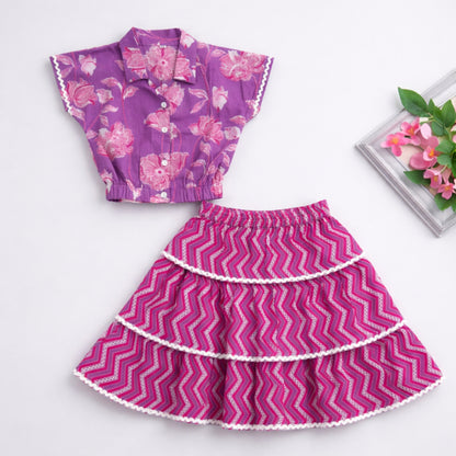 The Magic Wand Cotton Woven Half Sleeves Floral Boxy Cropped Shirt And Tiered Skirt Set- Purple
