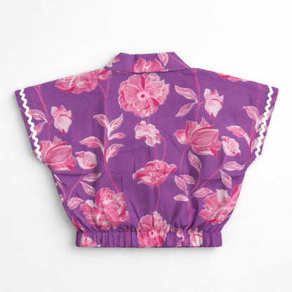 The Magic Wand Cotton Woven Half Sleeves Floral Boxy Cropped Shirt And Tiered Skirt Set- Purple