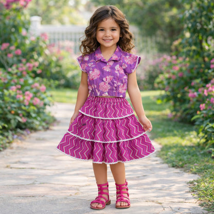 The Magic Wand Cotton Woven Half Sleeves Floral Boxy Cropped Shirt And Tiered Skirt Set- Purple