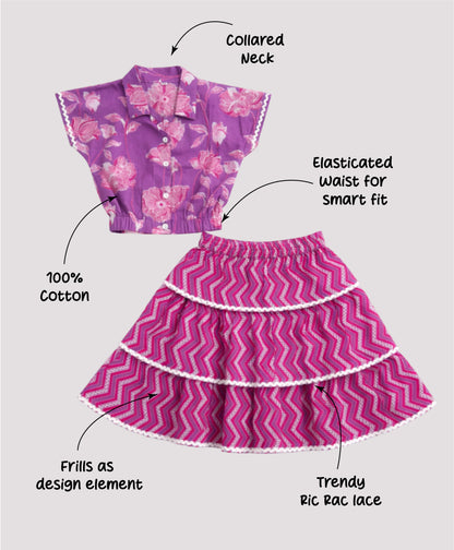 The Magic Wand Cotton Woven Half Sleeves Floral Boxy Cropped Shirt And Tiered Skirt Set- Purple