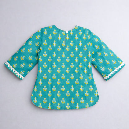 The Magic Wand Cotton Woven Three Fourth Sleeves Buti Printed Top And Harem Pant Set - Green