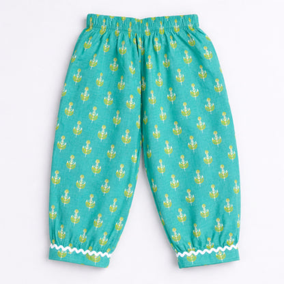 The Magic Wand Cotton Woven Three Fourth Sleeves Buti Printed Top And Harem Pant Set - Green