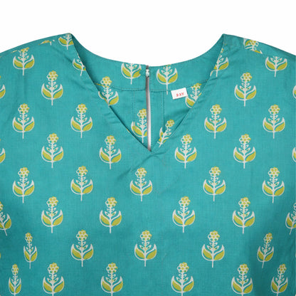 The Magic Wand Cotton Woven Three Fourth Sleeves Buti Printed Top And Harem Pant Set - Green