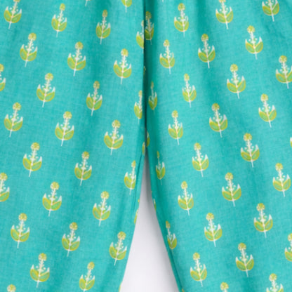 The Magic Wand Cotton Woven Three Fourth Sleeves Buti Printed Top And Harem Pant Set - Green