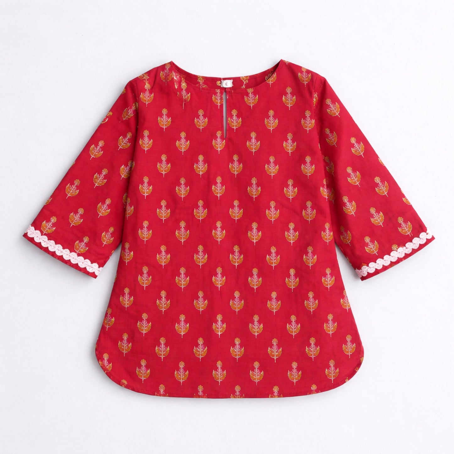 The Magic Wand Cotton Woven Three Fourth Sleeves Buti Printed Top And Harem Pant Set - Coral