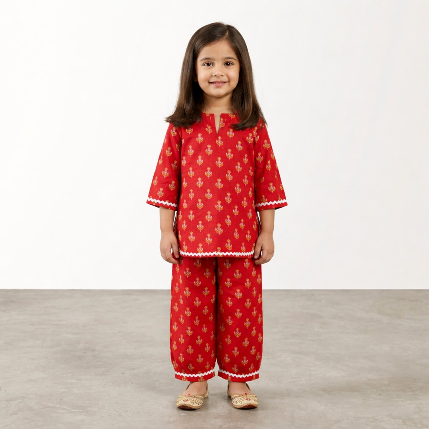 The Magic Wand Cotton Woven Three Fourth Sleeves Buti Printed Top And Harem Pant Set - Coral