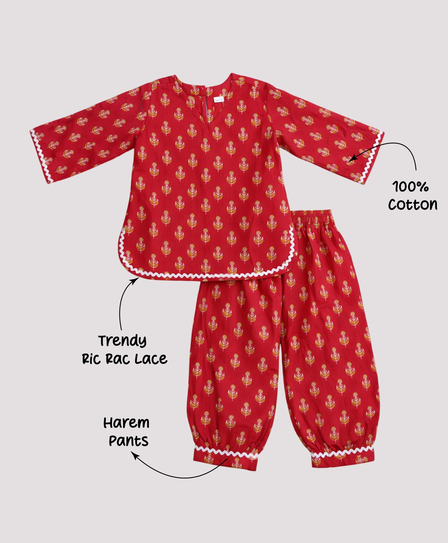 The Magic Wand Cotton Woven Three Fourth Sleeves Buti Printed Top And Harem Pant Set - Coral